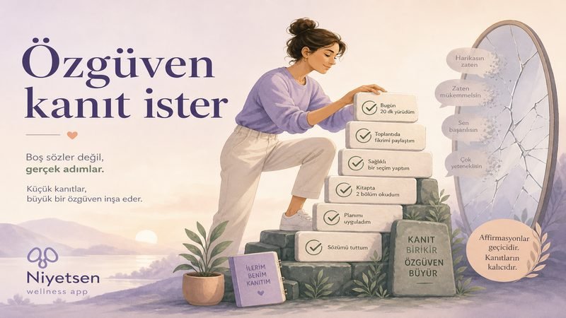 Kanıt üzerine kurulan özgüven — tamamlanan adımlar illüstrasyonu